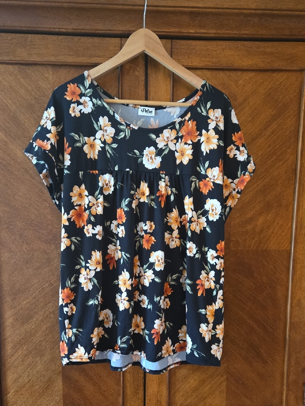 Pulse Black Short-Sleeve Floral Blouse with Orange & Cream Blooms